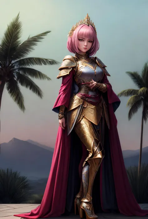 Ultra-realistic 8k CG, masterpiece, best quality, 1girl, 20 years old, woman, (detailed face), colorful, (full body, wide shot), <lora:more_details:0.8>   <lora:Caftan_Couture:0.8> paladin_glam, caftan,( armor, High platform heels),standing on stone tiles,  desert with multiple palm trees in the background,