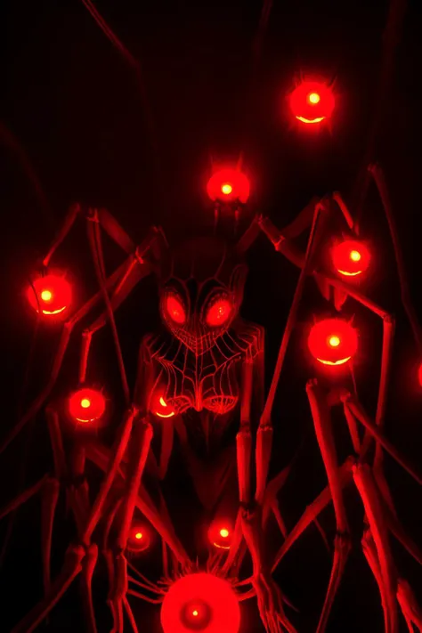 woman with eight spider legs and spider eyes. horrific, disturbing. living in a dark basement. red glow. volumetric light.