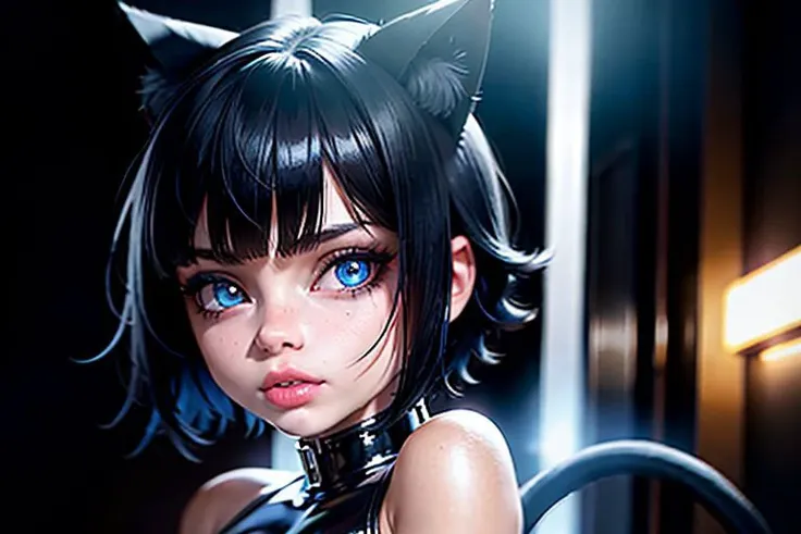 portrait, scifi world, cyberpunk, (8k, RAW photo, best quality, ultra high res, photorealistic, masterpiece, ultra-detailed, (Unreal Engine), missionary, camera floor, camera far, absurdres, best quality, 1girl, solo, black pupils, blue eyes, pouting lips, perfect face,  short hair, arms on hips, hands behind back, cat pose, black hair, upturned eyes, head down, head tilt, tight, toned body, black latex suit,  blue metallic cat ears, cat tail, thin