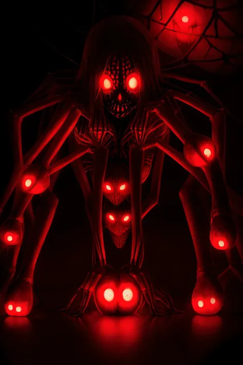 woman with eight spider legs and spider eyes. horrific, disturbing. living in a dark basement. red glow. volumetric light.