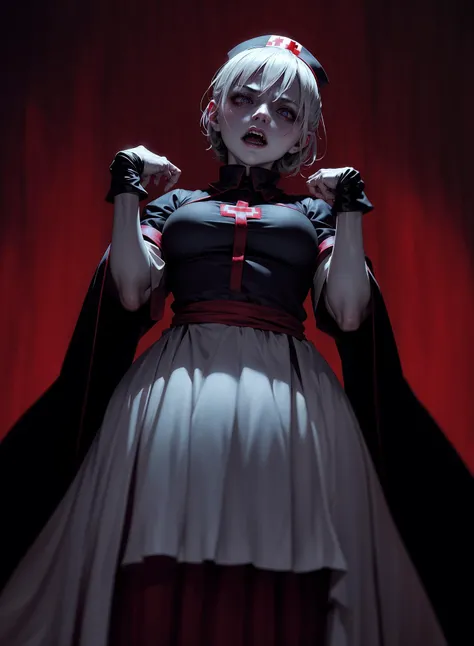 legendary photoart dark and terrifying themes, evil nurse from Silent Hill, in a short uniform with a deep neckline, gauze wrapped, frozen in a bizarre pose, darkfantasy, beautiful horrorcore, expressive, epic scene, cinematic, 32k, UHD, concept by Artificial Nightmares