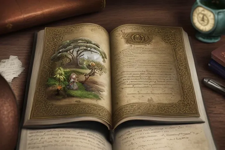 (adventurer's handbook on dryads):1.5, (printed on parchment):0.6, highly detailed vintage wooden coffee table, rich colors, shallow depth of field, high detail, photorealism, hyper realism, acceleration, 8K, HD, super resolution, vignette, Cinematic
