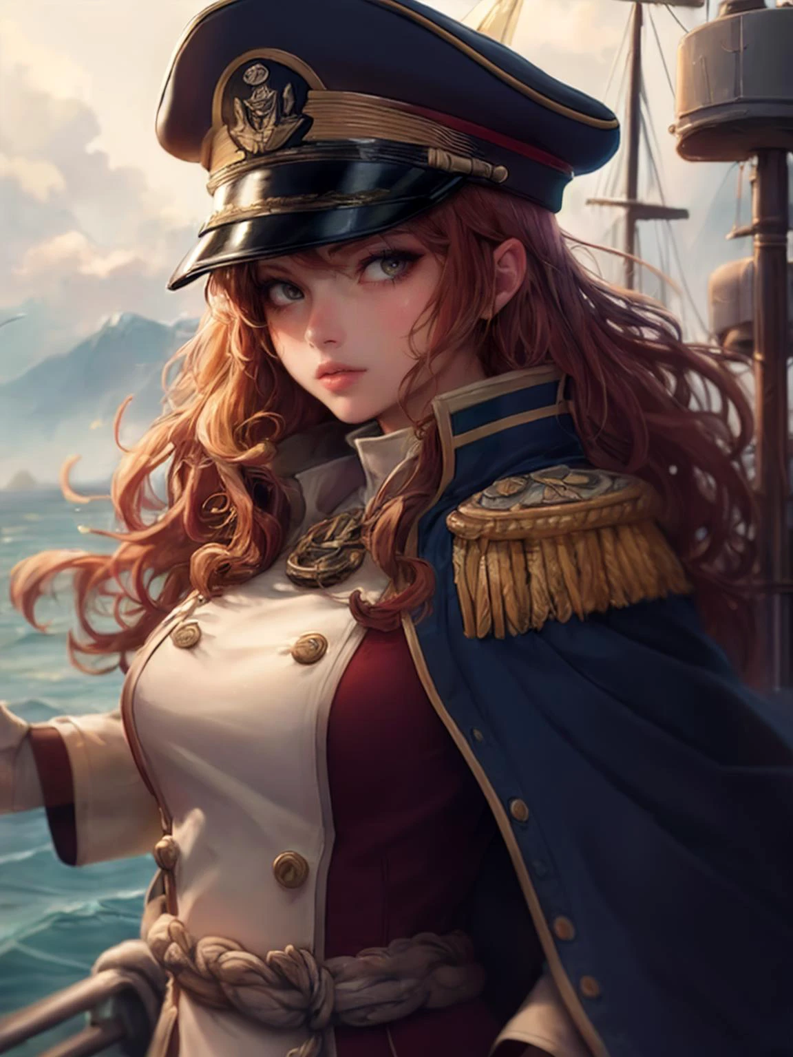 best quality, masterpiece, jp-Kraasni-50 1girl, solo, upper body, looking at viewer, detailed background, detailed face, (<lora:smoke_model:0.4>, smokestyle theme:1.1), admiral, serious, brown elaborate naval uniform, elegant cloak, admiral's cap, decorations, dynamic pose, on deck of ship, sails, rigging, rail, anchor, nautical tools, island in background, overcast, dramatic lighting, strategy, epic atmosphere, <lora:detail_slider_v4:2>
