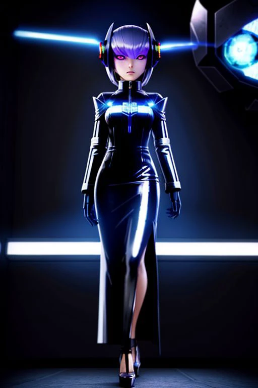 (Dark Persona:1), (fembot), (metallic fembot dress:1), (gleaming metallic dress), (high heels), (evil robotic eyes:1), (Brainwashing), (Mind Control),