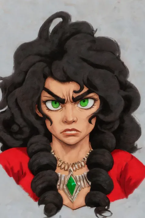 close-up photo portrait of a 60 yo samoan woman, black long curly hair, green eyes, angry face expression, chest red huge gem, necklace, chieftain, traditional, simple background