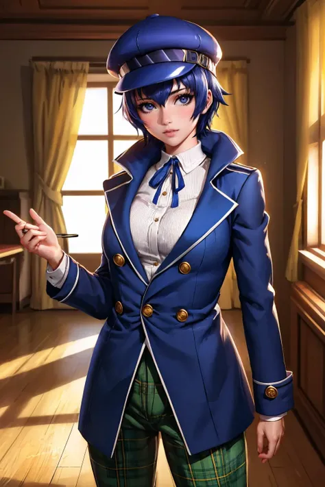 (masterpiece, best quality:1.2), <lora:liangxing:0.95>, liangxing, 1girl, solo, looking at viewer, <lora:persona4_shirogane:0.95>, shiroganedetective, cabbie hat, blue coat, neck ribbon, pants, plaid,