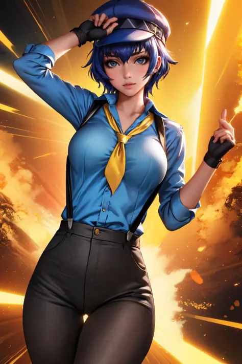 (masterpiece, best quality:1.2), <lora:liangxing:0.95>, liangxing, 1girl, solo, looking at viewer, <lora:persona4_shirogane:0.95>, shiroganedancing, cabbie hat, blue shirt, suspenders, yellow necktie, fingerless gloves, black pants