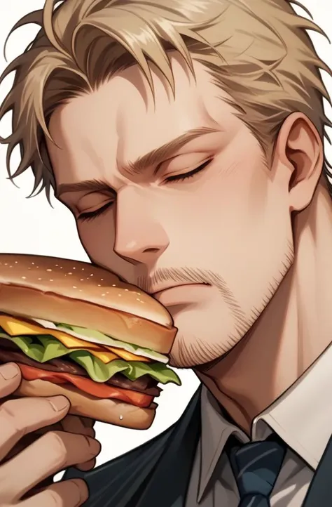 score_9, score_8_up, score_7_up, source_anime, solo, standing,  <lora:Reiner_Braun_-_Attack_on_Titan:1>, Reiner Braun, blond hair, short hair, stubble, facial hair, hazel eyes, 1man eating a sandwich, eyes closed, enjoying the sandwich