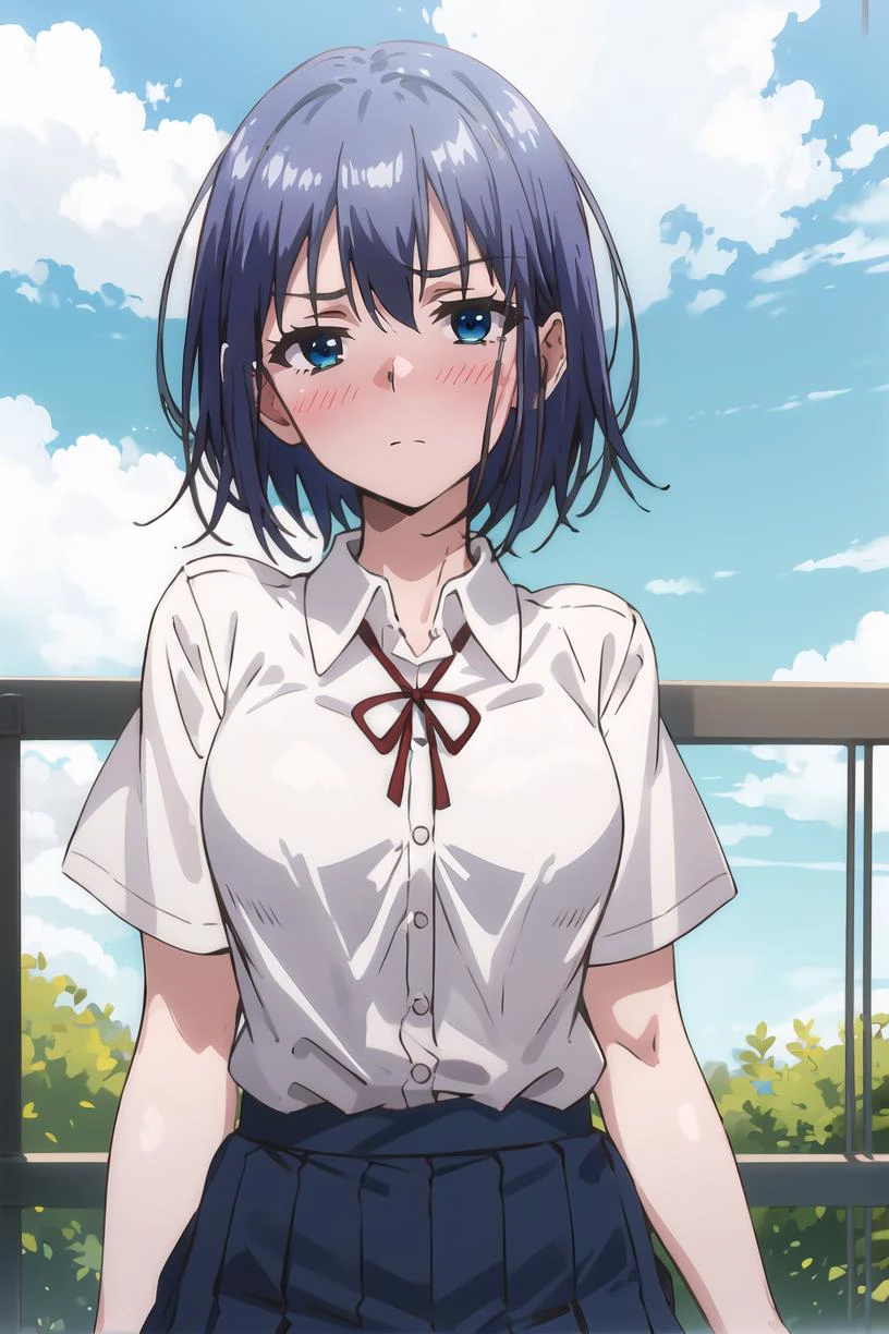 <lora:Kaede_LM:1> Kaededef, blue hair, blue eyes, short hair
skirt, day, ribbon, black skirt, looking at viewer, short sleeves, breasts, blush, white shirt, cloud, blue sky, school uniform, sky, red ribbon, neck ribbon, closed mouth, pleated skirt, outdoors, shirt, upper body,
masterpiece, best quality,