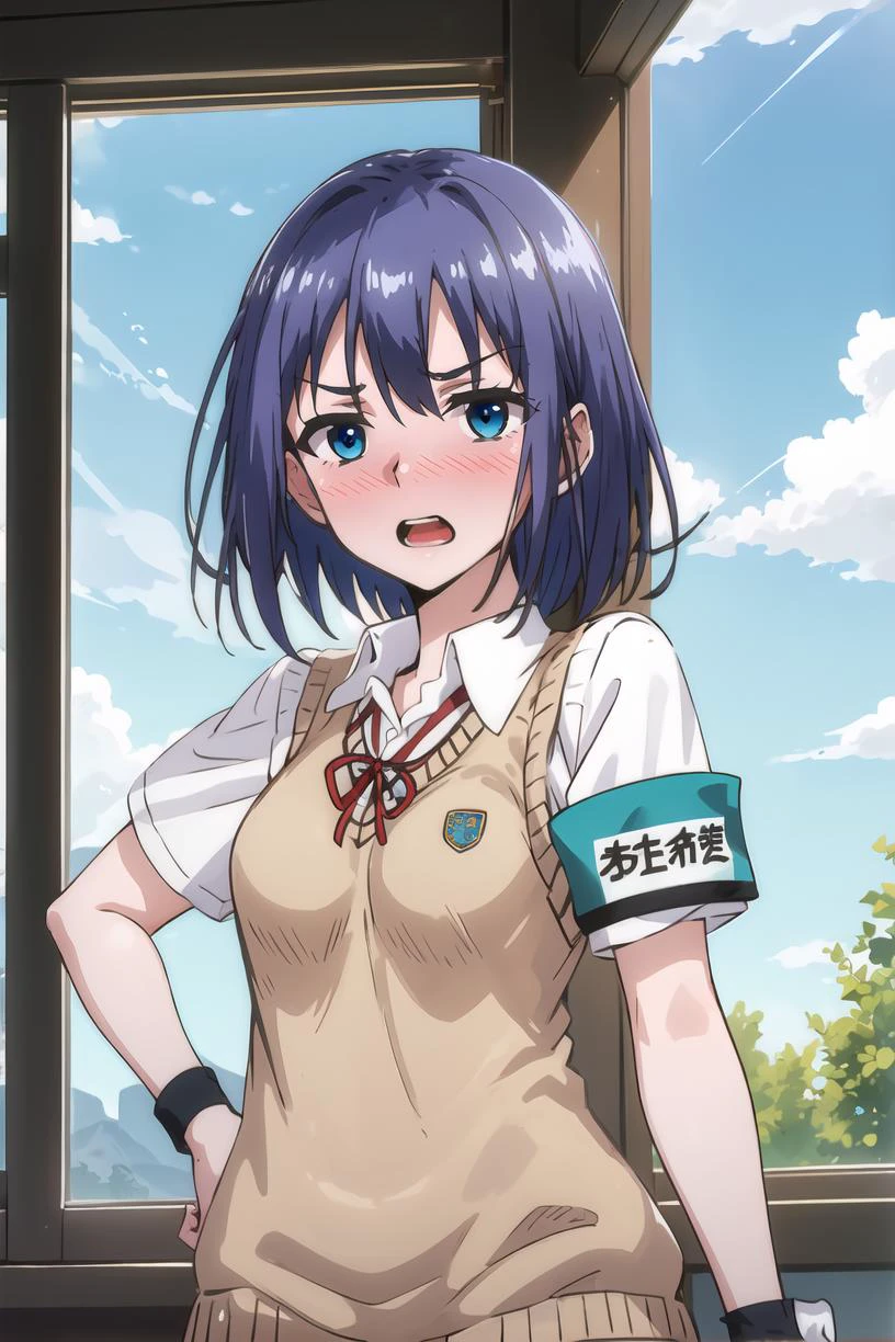 <lora:Kaede_LM:1> Kaededef, blue hair, blue eyes, short hair
open mouth, sweater vest, armband, blush, ribbon, school uniform
masterpiece, best quality,
