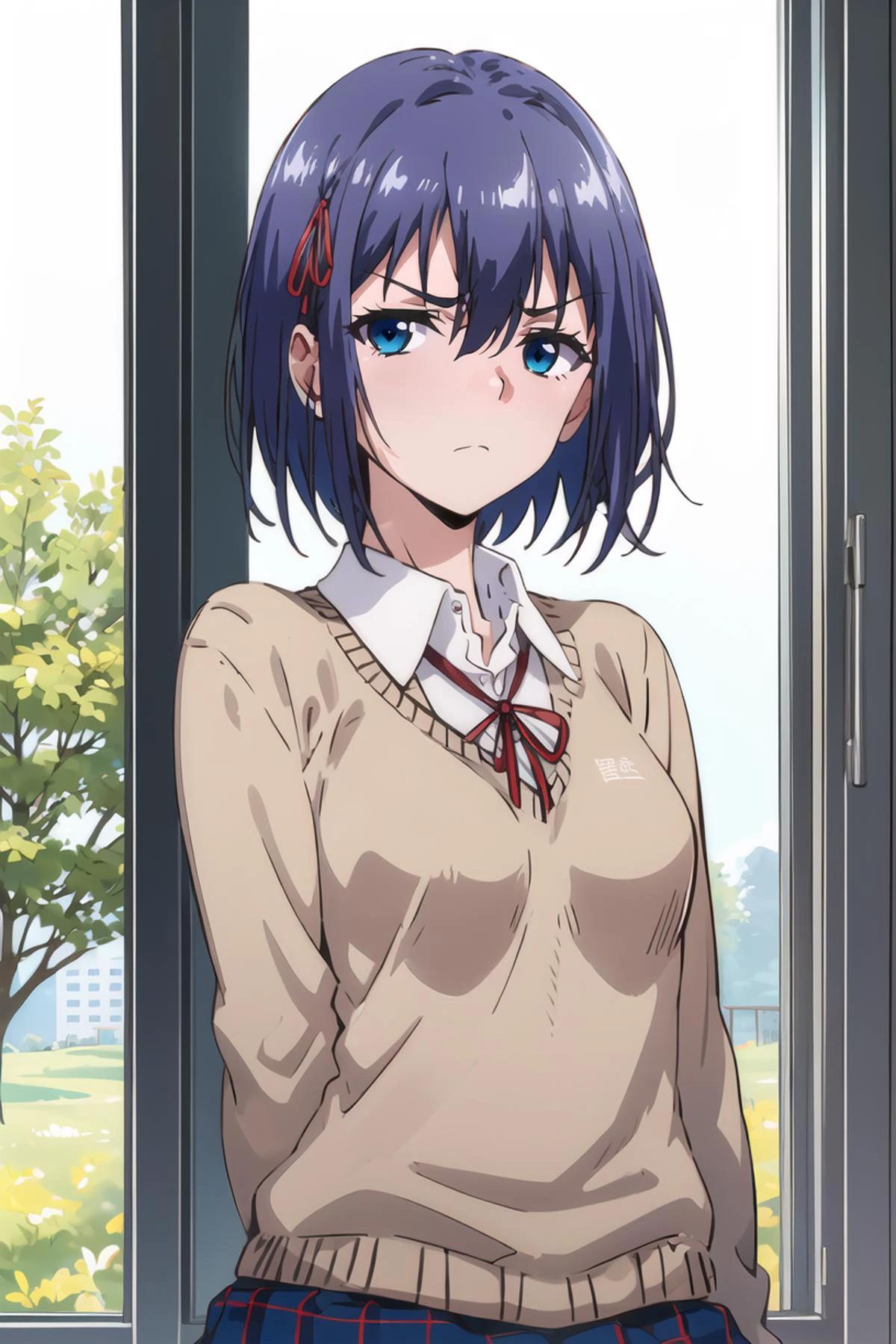 <lora:Kaede_LM:1> Kaededef, blue hair, blue eyes, short hair
sweater, ribbon, bangs, looking at viewer, frown, white shirt, collared shirt, hair between eyes, school uniform, upper body, red ribbon, neck ribbon, closed mouth, blue skirt,
masterpiece, best quality,