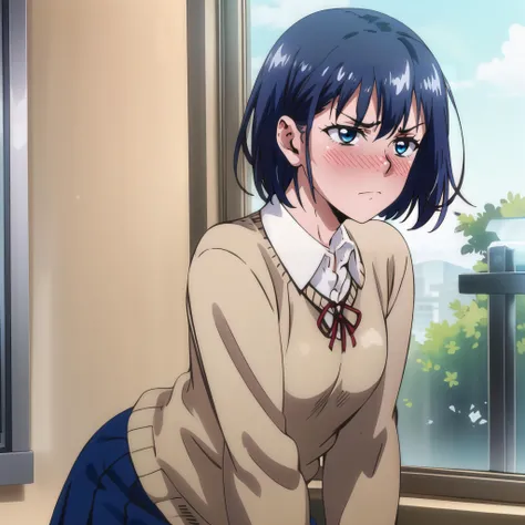 <lora:Kaede_LM:1> Kaededef, blue hair, blue eyes, short hair, school uniform, sweater, white collared shirt, red neck ribbon,  blue skirt,
frown, blush,
indoors, cowboy shot
<lora:GoodHands-beta2:1>