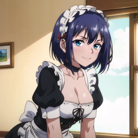 <lora:Kaede_LM:1> Kaededef, blue hair, blue eyes, short hair, maid, maid headdress, short puffy sleeves, cleavage,
smile,
indoors, cowboy shot
<lora:GoodHands-beta2:1>