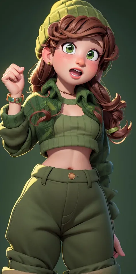 (best quality:1.4),(shiny skin), body focus, (cute face), (((best quality))), illustration, ((Beautiful Finger)), , Beautiful body, Beautiful character design, ,perfect lighting, Colorful, Bright_Front_face_Lighting, ultra high res, highres, absurdres:1.2, bokeh:1.2, lens flare, (vibrant_color:1.2), (Beautiful, small breasts:1.6), (thick thighs:1.3), THICK,
Curly brown hair, green beanie, open mouth, rosy cheeks, clenched hand, sweater, green pants,  <lora:Miriam_Mendelsohn_-_Turning_Red:1>, upper body,