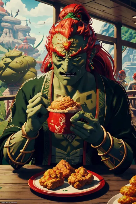 ganondorf eating at kfc, in the style of breath of the wild, legend of zelda, green skin, red hair, black clothing, nintendo, <lora:kfc:0.3> <lora:GanondorfTOTK:0.8>, masterpiece, best quality, CG, wallpaper, HDR, high quality, high-definition, extremely detailed