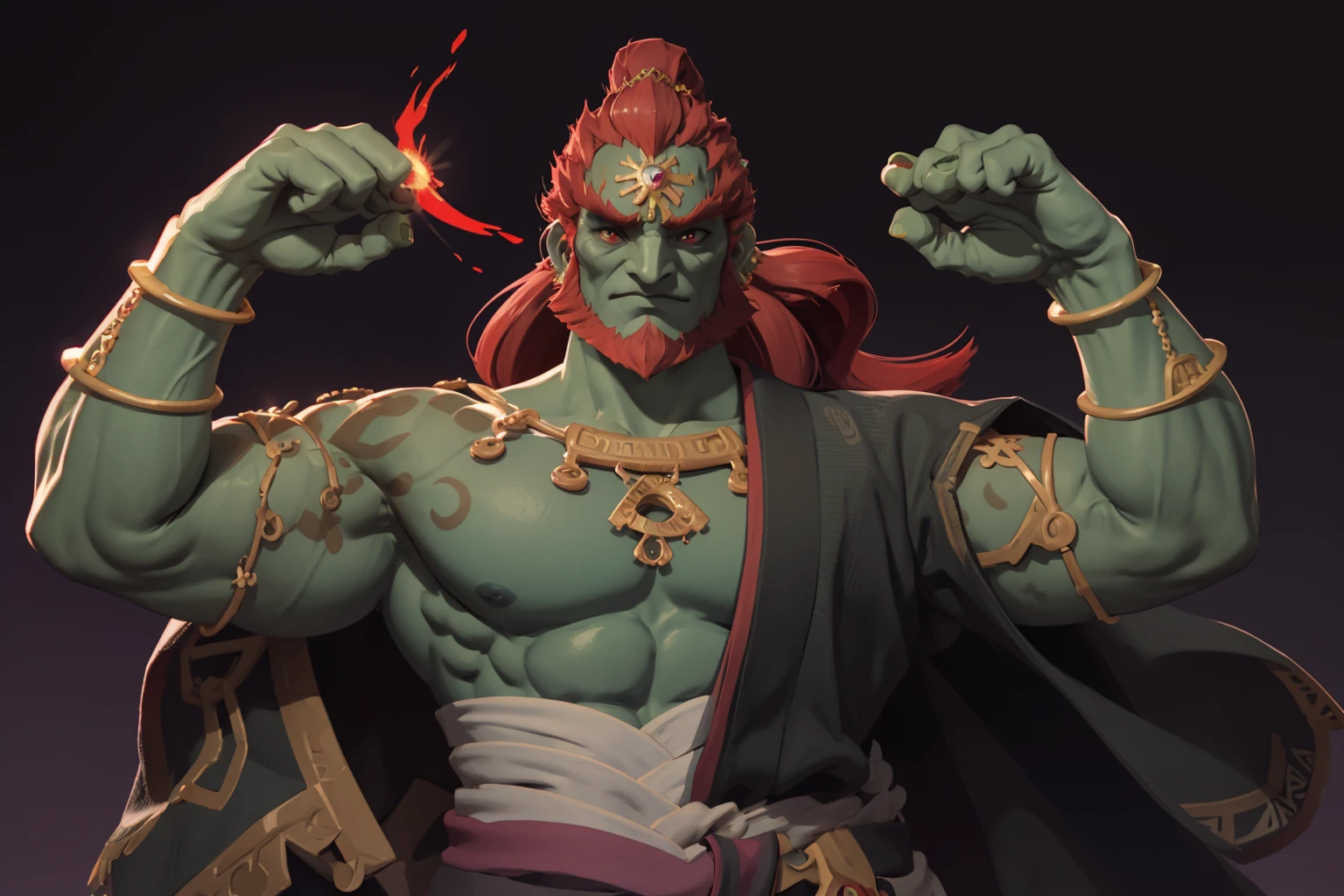 masterpiece, best quality, 1boy, ganondorf, red hair, long hair, beard, red eyes, green skin, flexing arms, muscular, pectoral, abs, jewelry, facing viewer, simple background <lora:GanondorfTOTK:1>