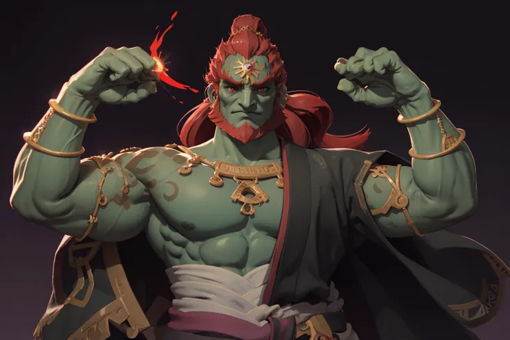 masterpiece, best quality, 1boy, ganondorf, red hair, long hair, beard, red eyes, green skin, flexing arms,  muscular, pectoral, abs, jewelry, facing viewer, simple background <lora:GanondorfTOTK:1>