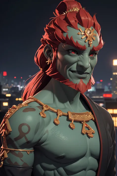 centered, award winning medium shot portrait, (game cg, 3d, unreal engine, pixar style), ganondorf, red hair, long hair, beard, red eyes, green skin, smile, muscular, pectoral, abs, jewelry| sunset, city, tokyo, buildings, city lights, | depth of field, bokeh, | smooth detailed shadows, hyperealistic shadows, (saturated colors:1.2) | <lora:GanondorfTOTK:1>