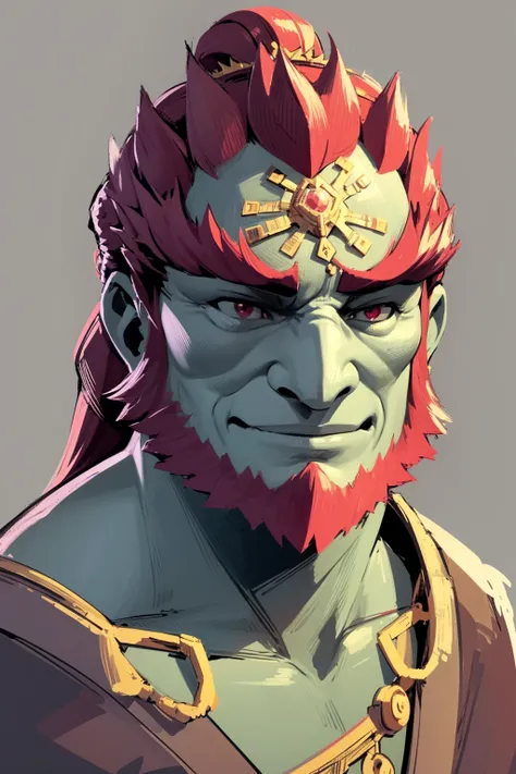masterpiece, best quality, 1boy, ganondorf, red hair, beard, red eyes, green skin, closeup, smile, sketch, looking at viewer, simple background <lora:GanondorfTOTK:1>