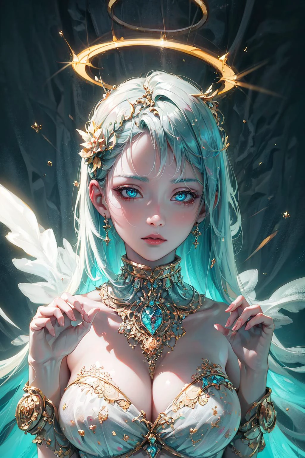 ((best quality)), ((masterpiece)), ((realistic)), portrait
1girl, celestial, deity, goddess, light particles, halo, looking at viewer, Resolute eyes, bare shoulders, boob tube top,expressionless,
(bioluminescent:0.95) ocean, bioluminescent, vibrant, colourful, color, (glowing, glow),
(beautiful composition), cinematic lighting, intricate, (symmetrical:0.5), whimsical,
<lora:ButterflyX_v26:0.6>