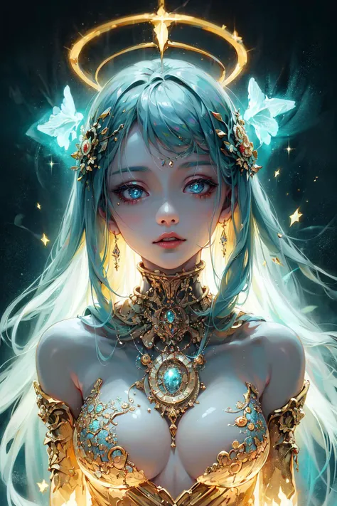 ((best quality)), ((masterpiece)), ((realistic)), portrait
1girl, celestial, deity, goddess, light particles, halo, looking at viewer, Resolute eyes, bare shoulders, boob tube top,expressionless, 
(bioluminescent:0.95) ocean, bioluminescent, vibrant, colourful, color, (glowing, glow),
(beautiful composition), cinematic lighting, intricate, (symmetrical:0.5), whimsical,
<lora:ButterflyX_v26:0.6>
