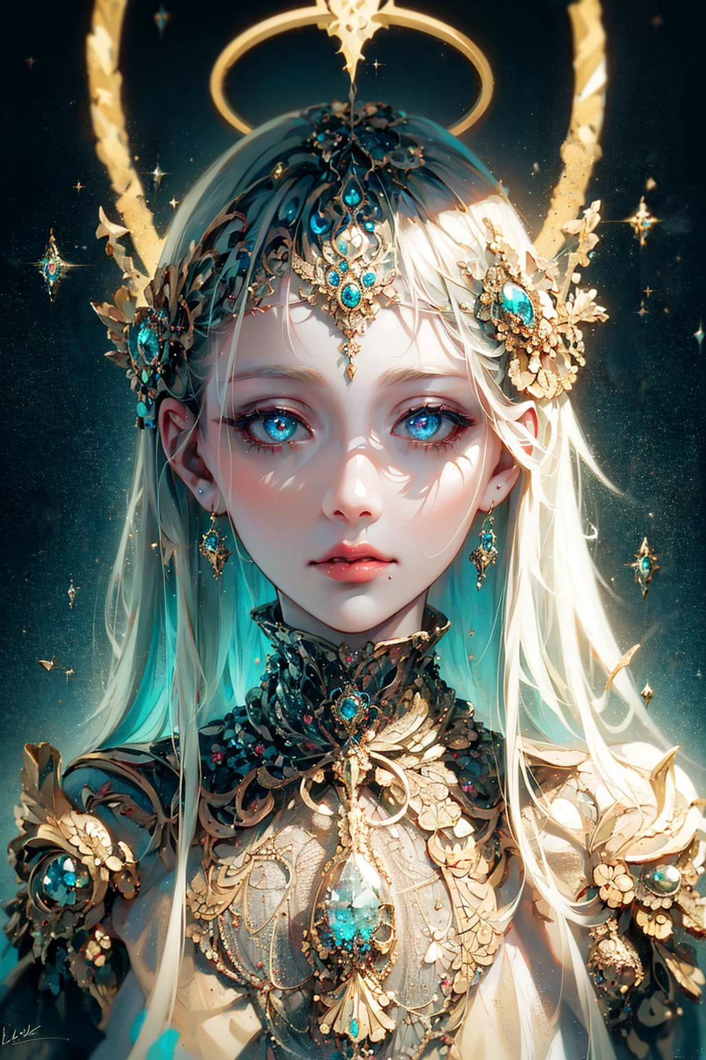 ((best quality)), ((masterpiece)), ((realistic)), portrait,
1girl, celestial, deity, goddess, light particles, halo, looking at viewer,empty,
(bioluminescent:0.95) ocean, bioluminescent, vibrant, colourful, color, (glowing, glow),
(beautiful composition), cinematic lighting, intricate, (symmetrical:0.5), whimsical,
<lora:ButterflyX_v26:0.85>