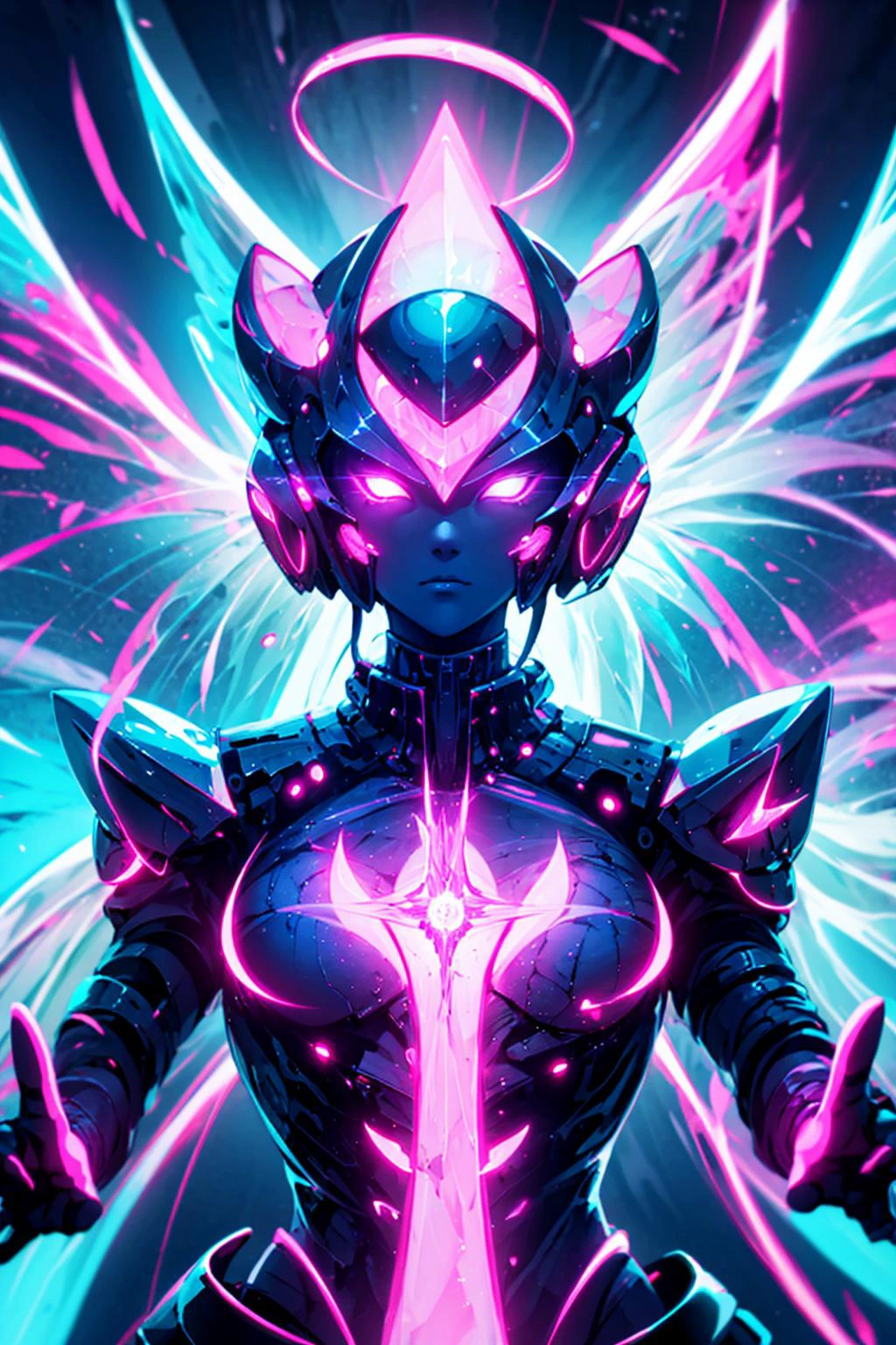 masterpiece, best quality,upper body,
1girl, cyber helmet, with red triangle led lights and a halo, orange tech wings,
in a (bioluminescent:1.35) ocean, (biofluorescence), (vibrant, colourful, color,:1.4), (glowing, glow), (vibrant, colourful, color:1.4)
(beautiful composition, coherent:1.3), perfect composition, perfect lighting, cinematic lighting, intricate, (symmetrical:0.65), whimsical,
<lora:ButterflyX_v26:0.6>