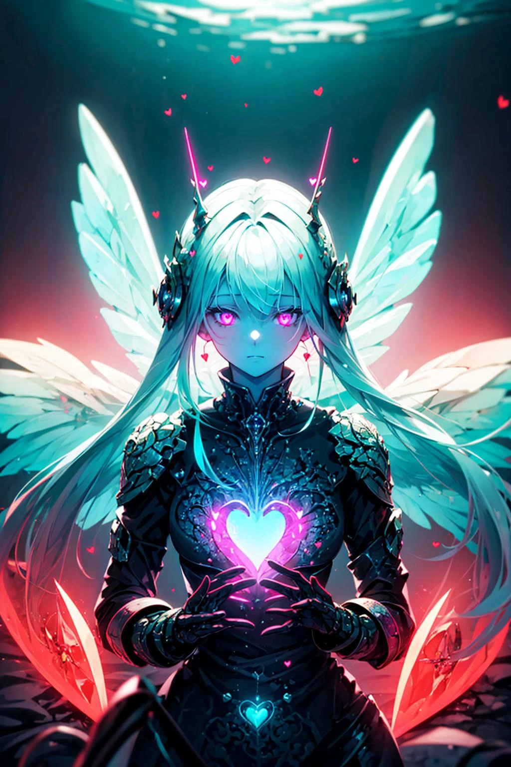 masterpiece, best quality,upper body,
1girl, wings, (red heart:1.2), red triangle led lights, mechanical parts,
in a (bioluminescent) ocean, (biofluorescence), vibrant, colourful, color, (glowing, glow),
(beautiful composition, coherent), perfect composition, perfect lighting, cinematic lighting, intricate, (symmetrical:0.65), whimsical,
<lora:ButterflyX_v26:0.6>