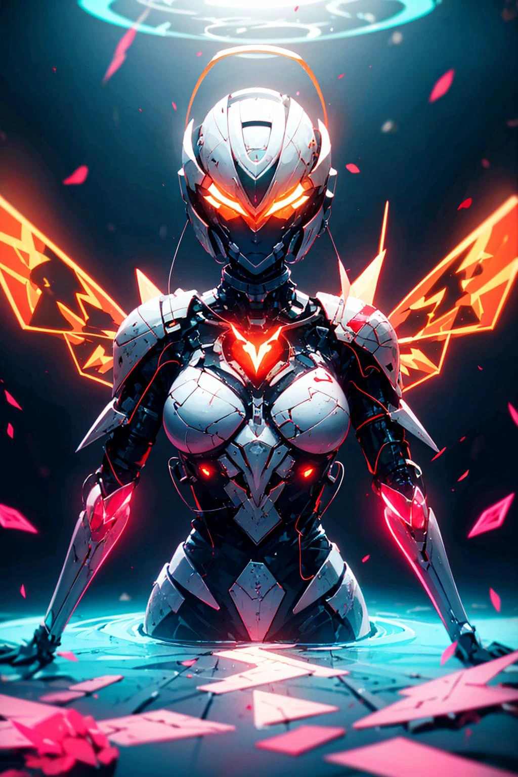 masterpiece, best quality,upper body,
1girl, cyber helmet, red triangle led lights, halo, (orange tech wings), (red heart:1.2),
in a (bioluminescent) ocean, (biofluorescence), vibrant, colourful, color, (glowing, glow),
(beautiful composition, coherent), perfect composition, perfect lighting, cinematic lighting, intricate, (symmetrical:0.65), whimsical,
<lora:ButterflyX_v26:0.6>