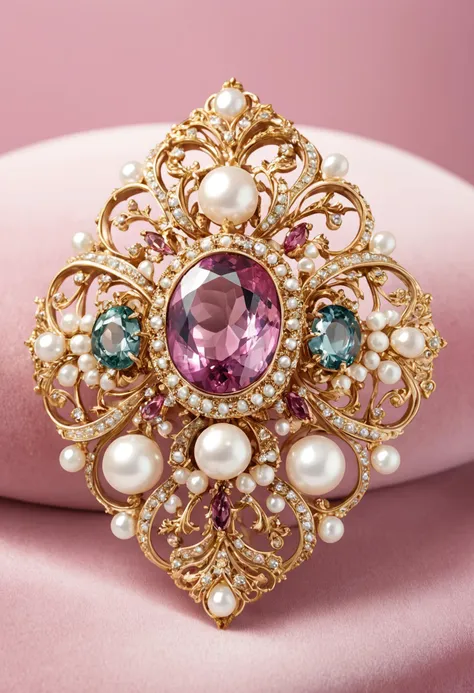 glamour product photo of an exquisite brooch on soft pink velvet, gold, alexandrites, pearl, ultra realistic, intricated detail, trending on artstation, studio photo quality,