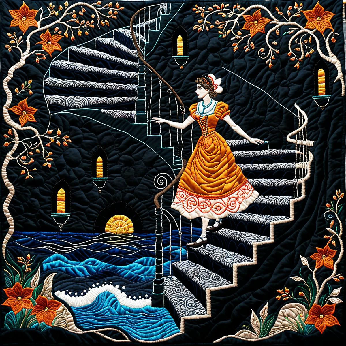 side view, Greek, water theme, cs-qu1lt-1, a age steampunk clothed bejewelled joyful Victorian nurse running in a dark ruined spiral staircase, light-toned, intricate black and orange and magnolia <lora:SDXL_Black_Sa_May:0.75> Voronoi, cubist, billowing dust, very detailed