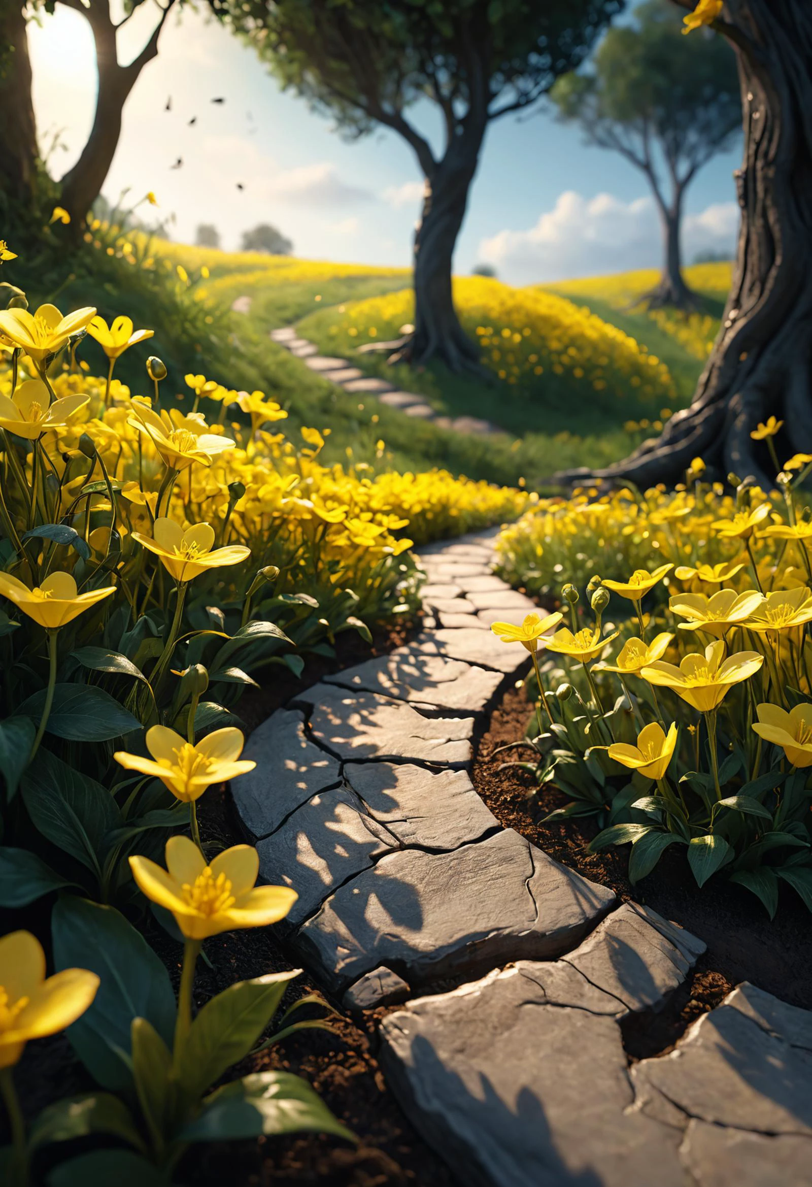 A path of curves is projected into a field of small yellow flowers. Lights like fireflies float in the air, in the distance in the background you can see a tree with a wide trunk, thick roots and a crown full of leaves, ultra hd, realistic, vivid colors, highly detailed, UHD drawing, pen and ink, perfect composition, beautiful detailed intricate insanely detailed octane render trending on artstation, 8k artistic photography, photorealistic concept art, soft natural volumetric cinematic perfect light. OverallDetailXL, Fixl-art, <lora:Art-full_v1:0.3>