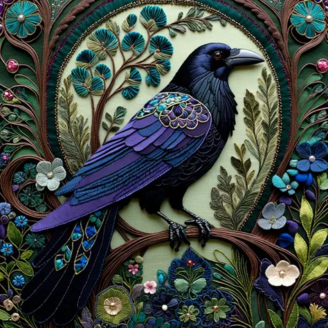 Art Nouveau, an intricate pattern created from small pieces of fabrics, silk, velvet, lace, brocade, raven made of felt, forest colour palette, very detailed, fine stitches, crisp edging