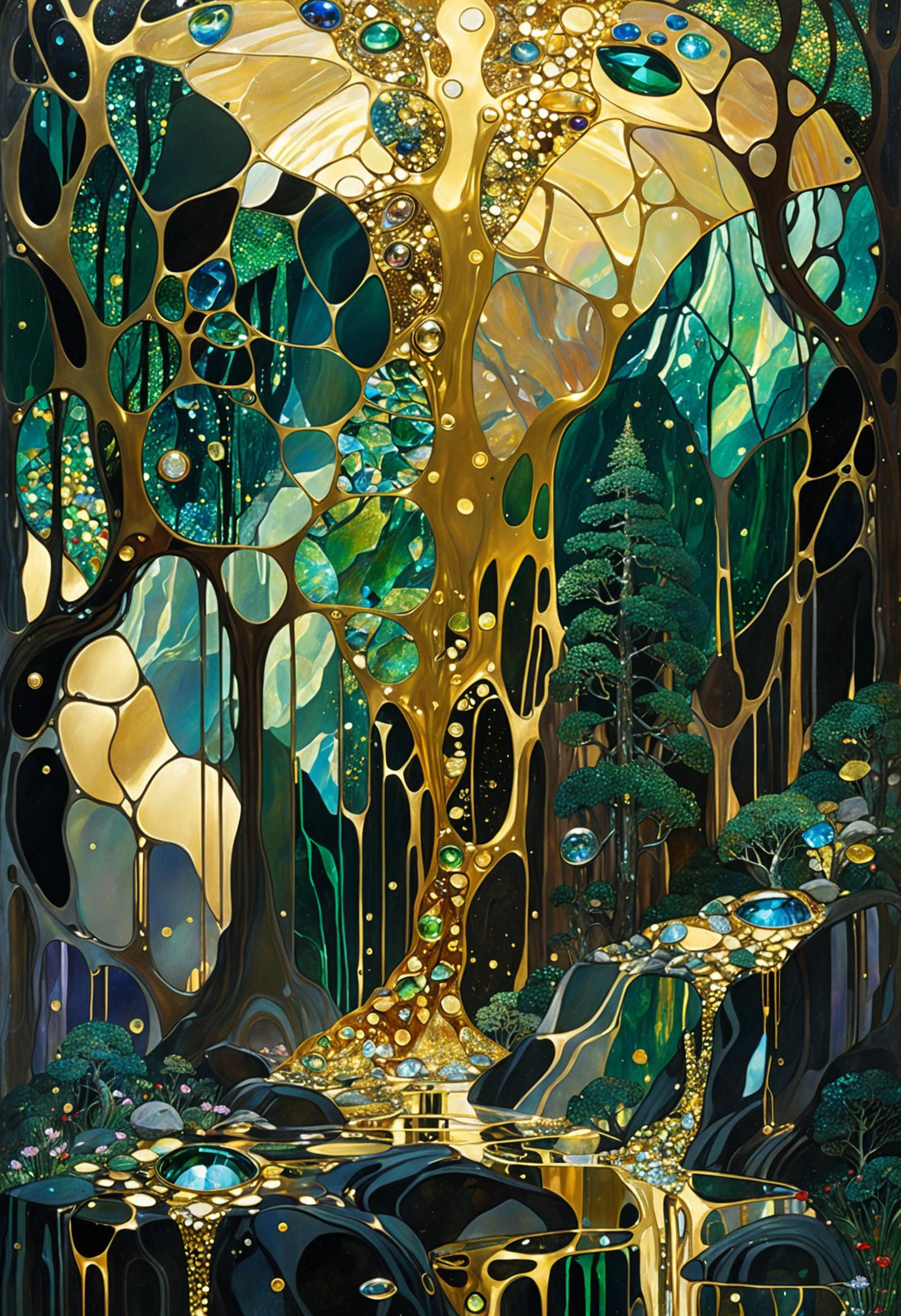 liquid chrome, liquid gold wet on wet, ultra highly detailed, cinematic, Mountain forest, Broken Glass effect, energy, molecular, textures, iridescent and luminescent scales, breathtaking beauty, pure perfection, divine, John Gilbert, by Gustav Klimt, by Bill Watterson<lora:Art-full_v1:0.5>
