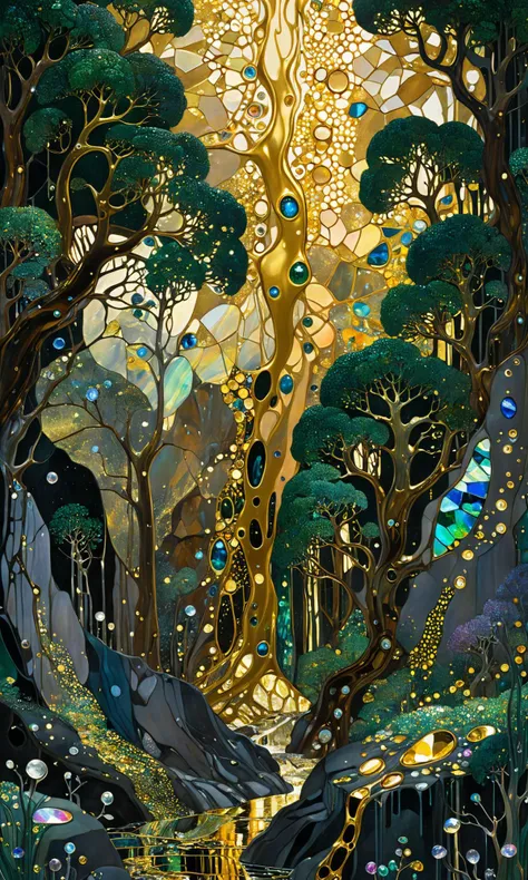 liquid chrome, liquid gold wet on wet, ultra highly detailed, cinematic, Mountain forest, Broken Glass effect, energy, molecular, textures, iridescent and luminescent scales, breathtaking beauty, pure perfection, divine, John Gilbert, by Gustav Klimt, by Bill Watterson<lora:Art-full_v1:0.5>