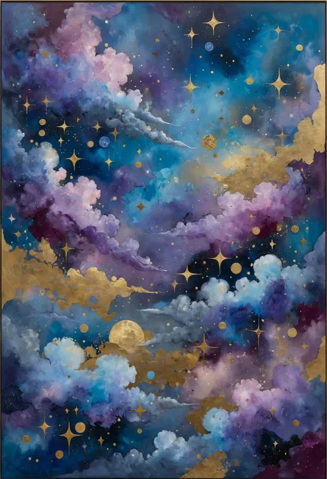 Masterpiece, abstract art, night sky with clouds by Bradley Walker Tomlin, Sam Gilliam, David Mack, Gustav Klimt, Pablo Picasso, Melissa McKinnon, Howardena Pindell, (shades of gray, light-blue, violet, gold, plum, cherry colors), insanely detailed, studio photo quality <lora:Detailed_notrigger:1> <lora:Grainy-v1:0.5>