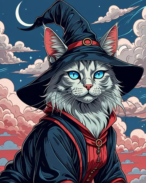 a cat witch and pastel blue eyes in a some clouds in the style of thin line work, scarlet trails, <lora:sdxl_lightning_8step_lora.safetensors:0.6>