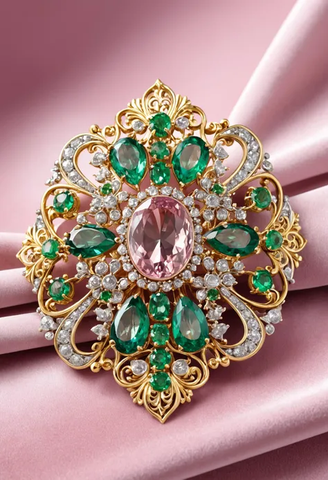 glamour product photo of an exquisite brooch on soft pink velvet, gold, platinum, emeralds, alexandrites, ultra realistic, intricated detail, trending on artstation, studio photo quality,