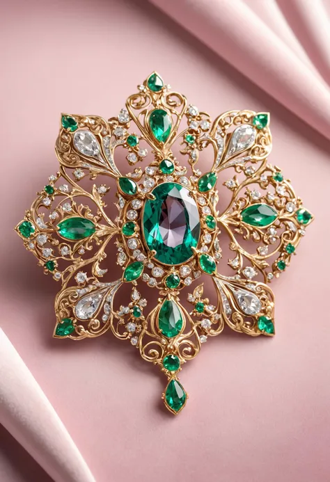 glamour product photo of an exquisite brooch on soft pink velvet, gold, platinum, emeralds, alexandrites, ultra realistic, intricated detail, trending on artstation, studio photo quality,