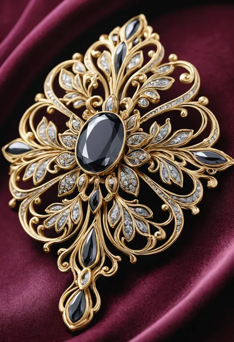 glamour product photo of an exquisite brooch on soft velvet, ebonygold, ultra realistic, intricated detail, trending on artstation,