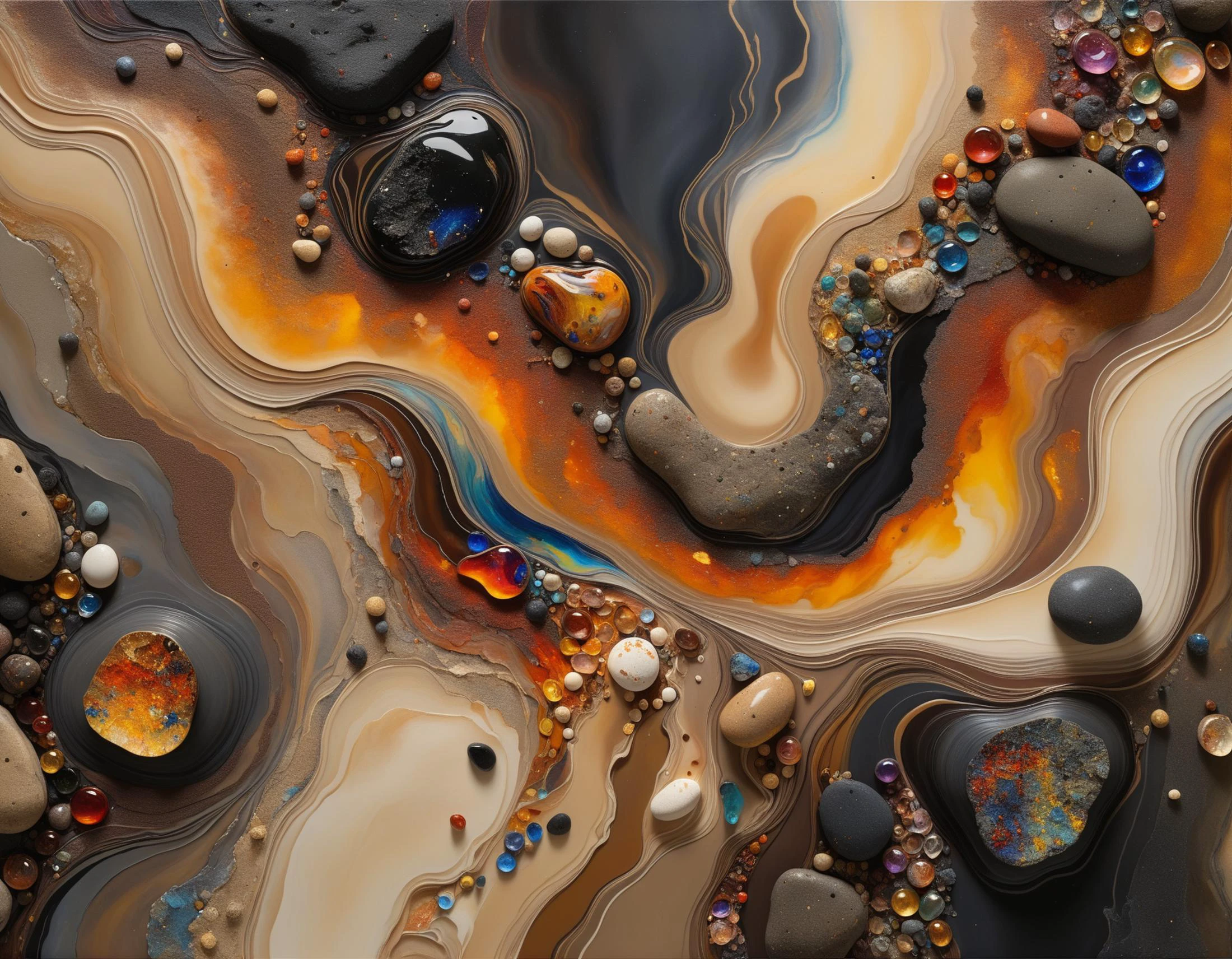 abstract art by Nizo Yamamoto, Melissa McKinnon, Sam Gilliam, David Mack, Gustav Klimt, Annie Soudain, insanely detailed, elegant beige and coffee shades, oil slick, embers, volcanic rock, fine details, sharp focus, soft volumetric light, masterpiece, high resolution detail, studio photo quality <lora:Detailed_notrigger:1> <lora:sss:1> <lora:Grainy-v1:0.3>