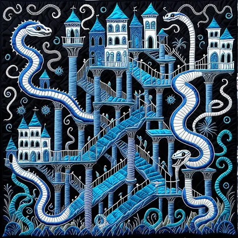 cs-qu1lt-1, white-toned Primitive abyssal futuristic steampunk snakes and ladders game in a bright pristine city, intricate black and cobalt-blue and black filigree, magical, wartorn, billowing dark glitter, very detailed, <lora:SDXL_Black_Sa_May:0.75>