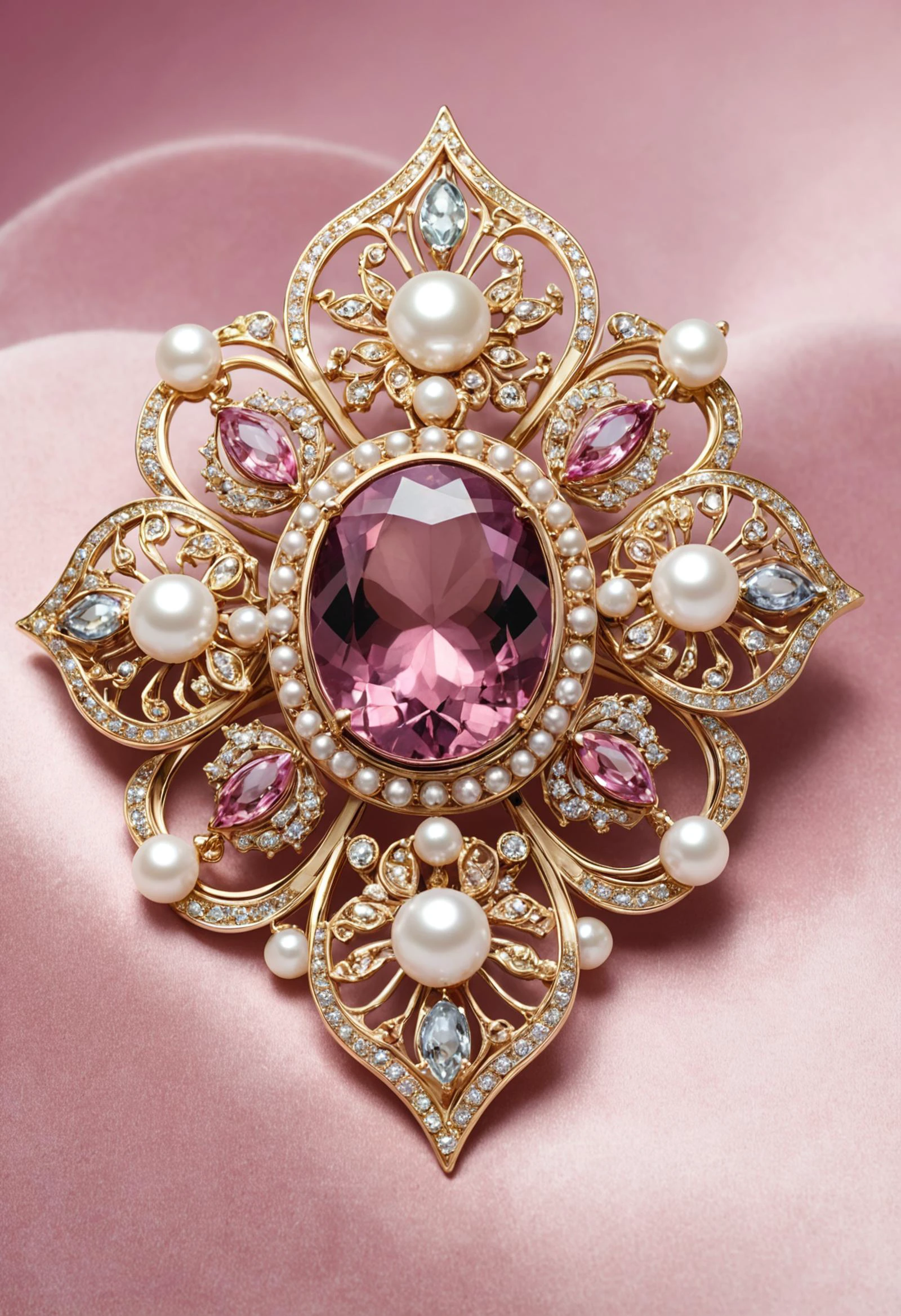 glamour product photo of an exquisite brooch on soft pink velvet, gold, alexandrites, pearl, ultra realistic, intricated detail, trending on artstation, studio photo quality, <lora:Wildcard-Detail_Enhancer:1>