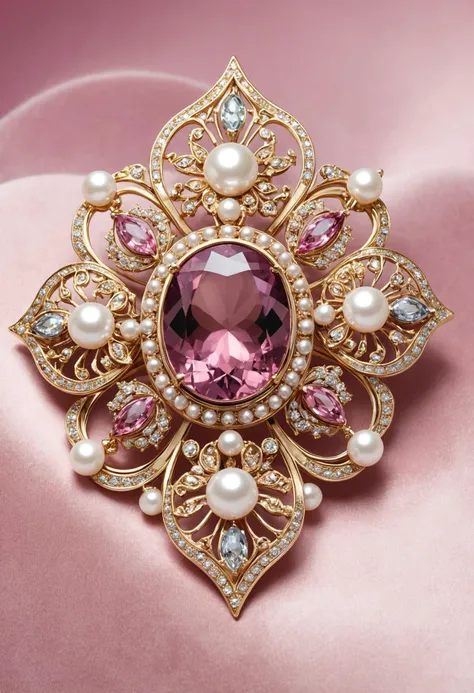 glamour product photo of an exquisite brooch on soft pink velvet, gold, alexandrites, pearl, ultra realistic, intricated detail, trending on artstation, studio photo quality,  <lora:Wildcard-Detail_Enhancer:1>