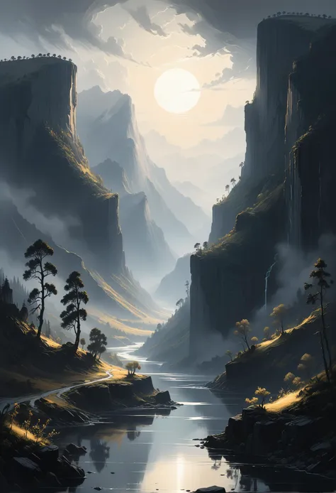 A highly detailed and hyper-realistic image by Alena Aenami, Archibald Thorburn, and Daniele Afferni, featuring a surreal valley vista. The valley is surrounded by towering cliffs and lush vegetation in the style of monochromatic silhouette reflection, with a limited dark palette including charcoal black, various grays, and white, accented by bright touches of gold and cobalt green. Atmospheric haze and highly dramatic cinematic lighting create a breathtaking and mysterious scene. Motion blur and film grain add a professional touch, while the composition captures the finest details, achieving the ultimate detail level. This results in a stunning masterpiece of the best quality. <lora:Wildcard-Detail_Enhancer:1>