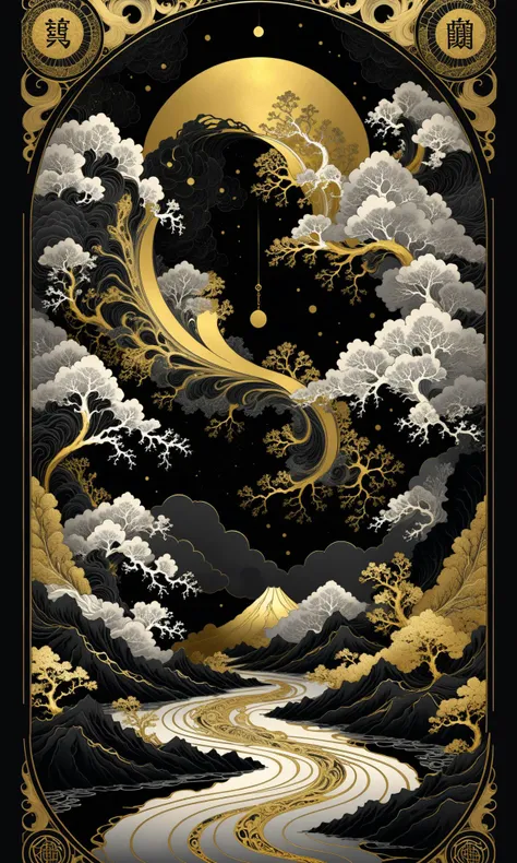 Dark clouds, black and white, self-reflection, integrity, the dark river, soaring, By Hokusai and James Gurney + Black paper with Intricate and vibrant Gold line work:: Tarot Card:: Mandelbulb fractal + Full of Golden layers + Trending on Artstation + Incredible Black and Gold Gothic Illustration + Exquisite detail<lora:Art-full_v1:0.5>