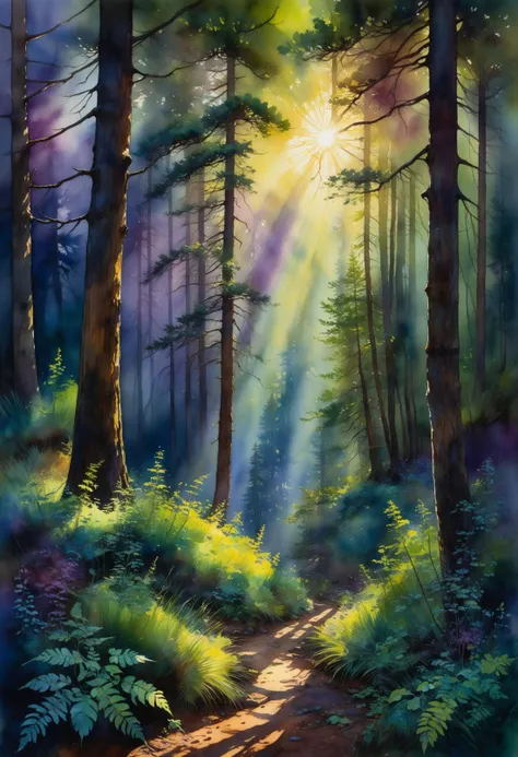 Dark mysterious forest, perfect watercolor illustration, alcohol ink, crossed colors, highly detailed, dappled light, crepuscular rays, captivates with sharp focus, high resolution details, ultra-thin textures, intricate, studio photo quality, by Peder Mork Monsted, by Erin Hanson, by Claude Monet, by Arthur Hughes, by Melissa McKinnon, by David Mack,