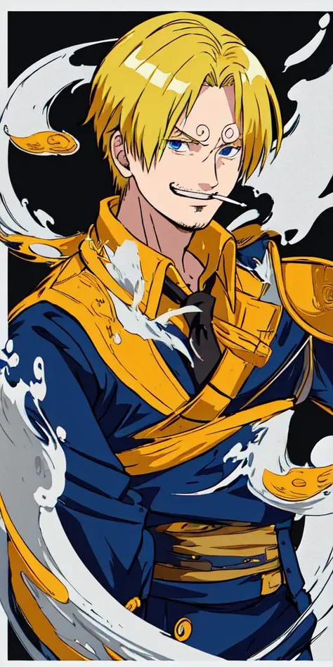 a man (sanji2:1.2), looking at viewer, smoking a cigarette, smirk, gray-blue eyes, black jacket, yellow shirts, necktie, upper body, male focus, Masashi Kisimoto,
<lora:KM_NarutoS-V2:1> <lora:sanji2-20:0.5> <lora:smoking_ok:1>