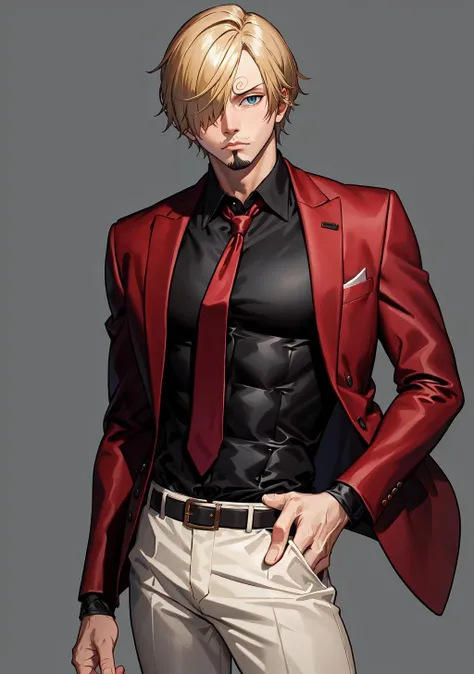 4k, best quality, ultra high res, masterpiece, <lora:sanji2:0.6>, sanji2, suit, hair_over_one_eye, eyeblow, black shirts, necktie, Burgundy jacket, facial hair, cowboy shot