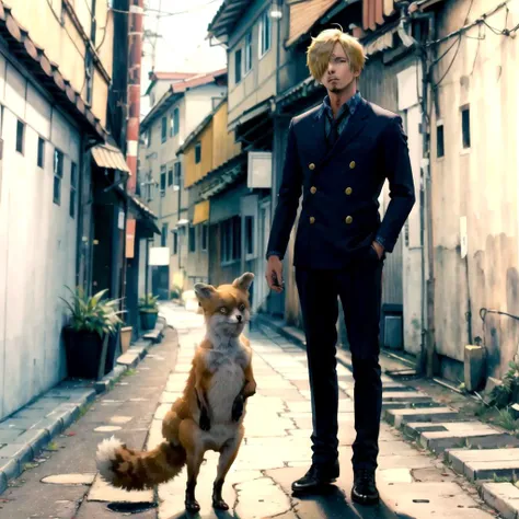 masterpiece, best quality, sanji2, Beautiful Art Style, TailsTheFox, animal, animal focus, suit with pin, disgusting, alleyway, tail masturbation,<lora:CursedTails:0.6> , <lora:sanji2:1>